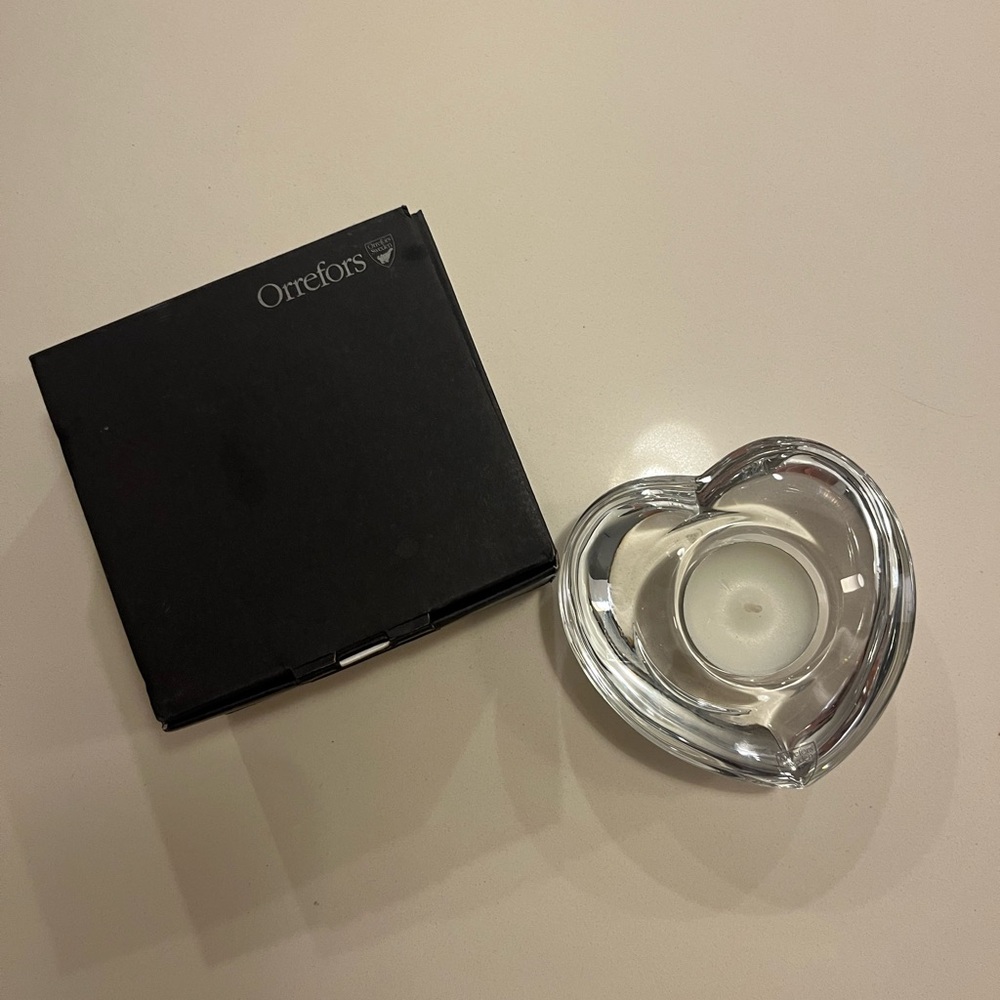 New in Box Orrefors Heart-Shaped Glass Candle Holder